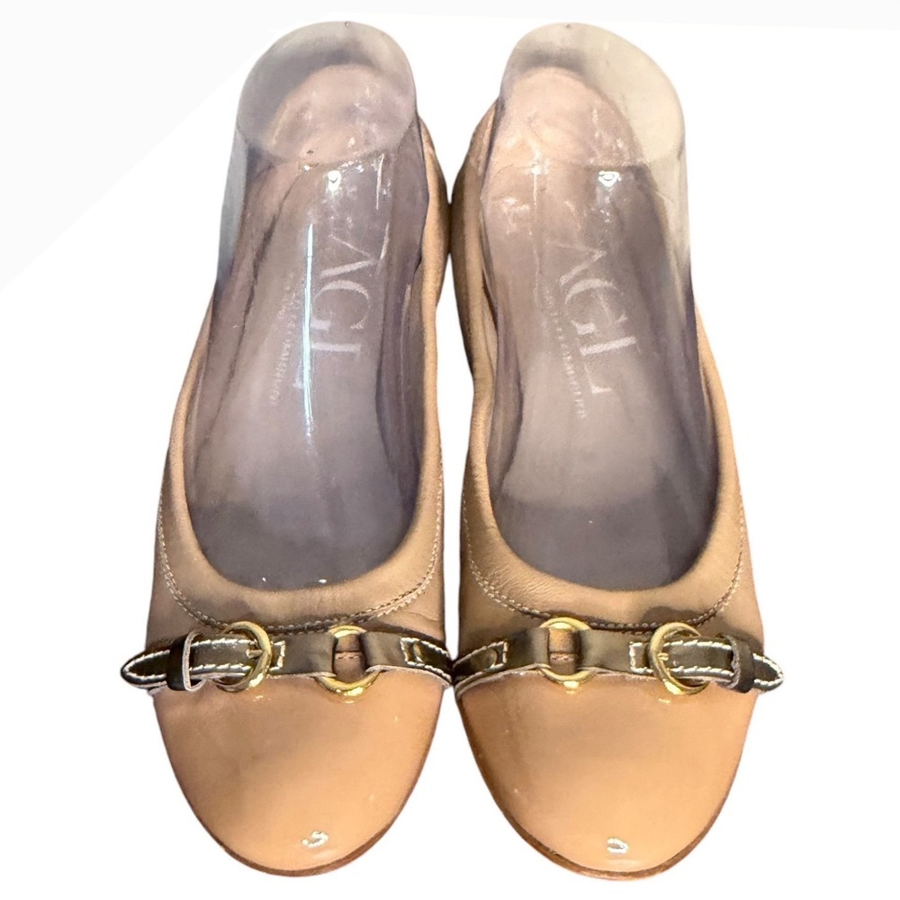 AGL Tan Leather Ballet Flats Patent Cap Toe Buckle Women's Size EU 37 US 7